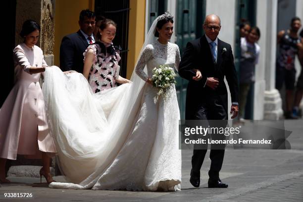 The bride Alessandra de Osma arrives with her father Felipe de Osma Berckemeyer to her the wedding with Prince Christian of Hanover at Basilica San...