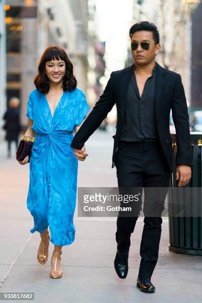Constance Wu seen wearing Prabal Gurung with designer Prabal Gurung in Midtown on March 18, 2018 in New York City.