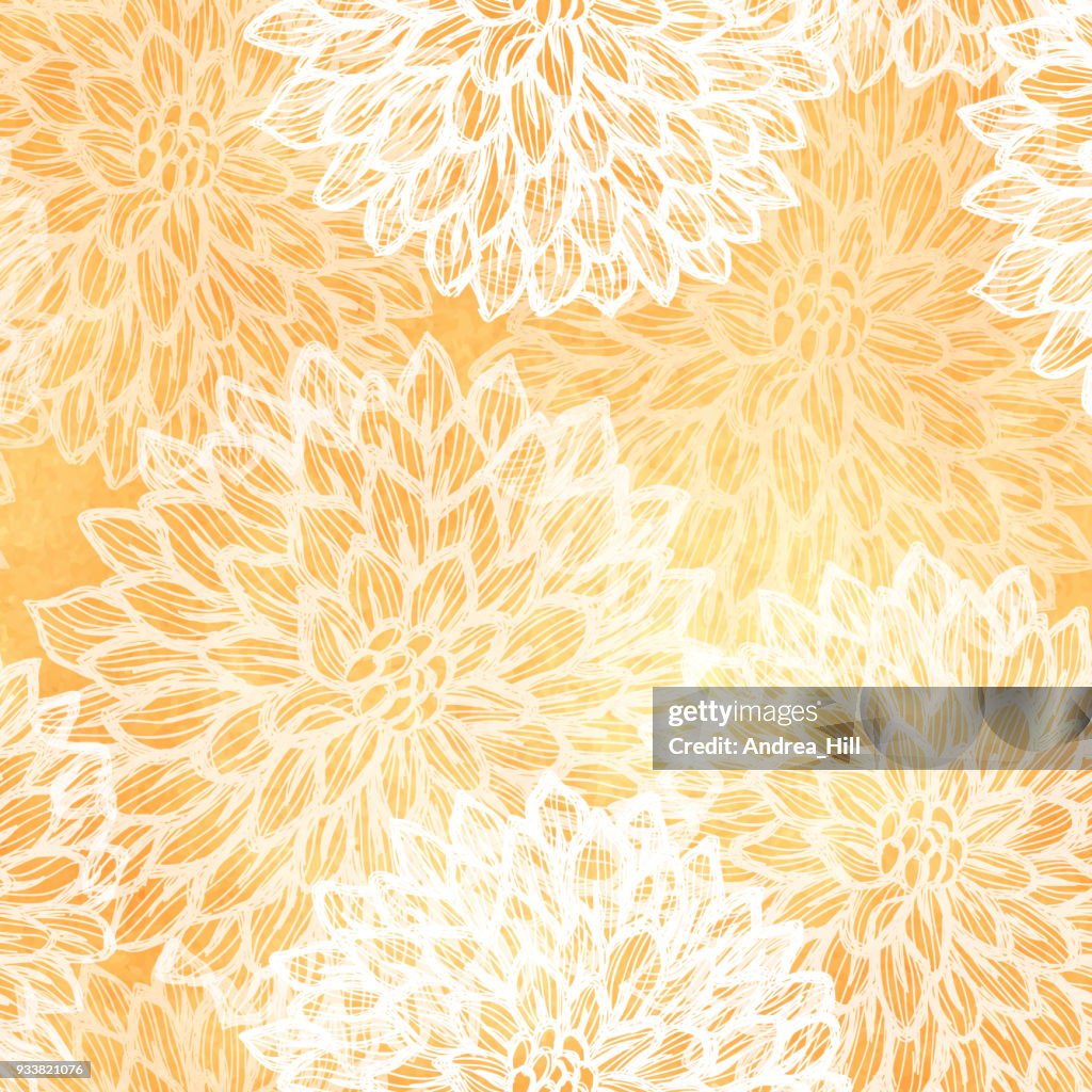 Dalhia Seamless Vector Pattern - Ink Drawing with Watercolor Texture