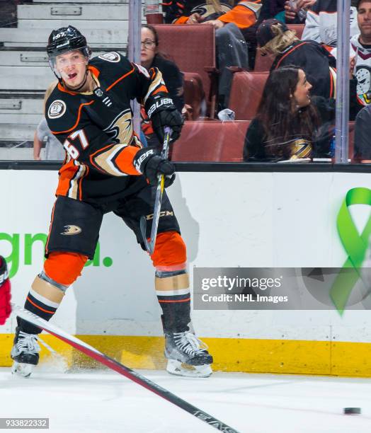 Rickard Rakell of the Anaheim Ducks passes the puck during the third period of the game against the New Jersey Devils at Honda Center on March 18,...