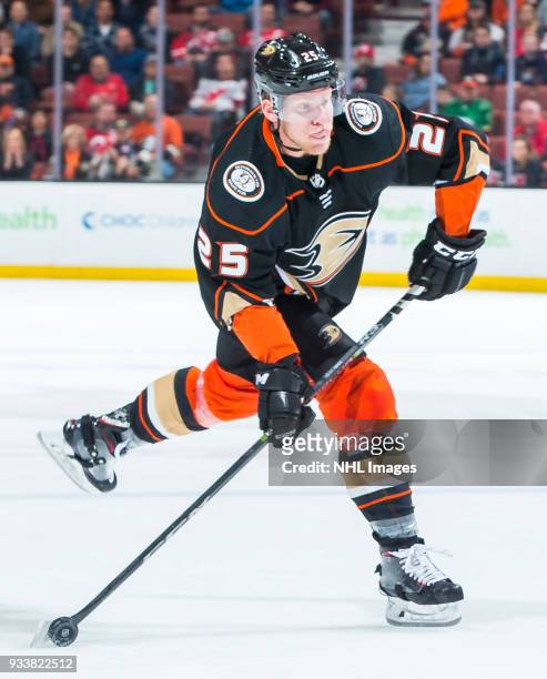 Ondrej Kase of the Anaheim Ducks shoots the puck during the third period of the game against the New Jersey Devils at Honda Center on March 18, 2018...