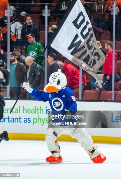 Anaheim Ducks mascot Wild Wing waves a "Ducks Win" flag after defeating New Jersey Devils 4-2 during the game at Honda Center on March 18, 2018 in...