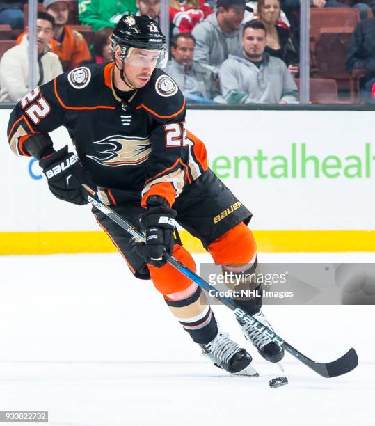 Chris Kelly of the Anaheim Ducks skates with the puck during the first period of the game against the New Jersey Devils at Honda Center on March 18,...