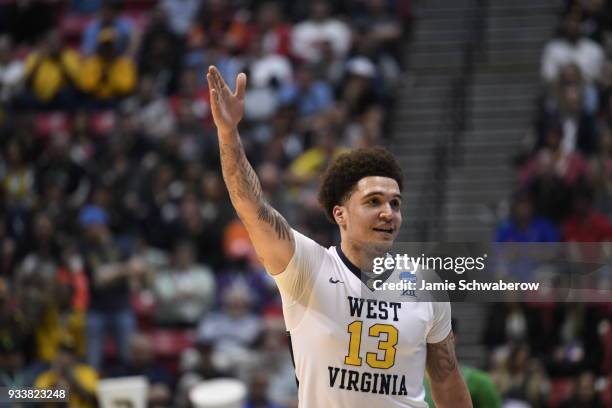 Teddy Allen of the West Virginia Mountaineers celebrates a call while his team takes on the Marshall Thundering Herd in the second round of the 2018...