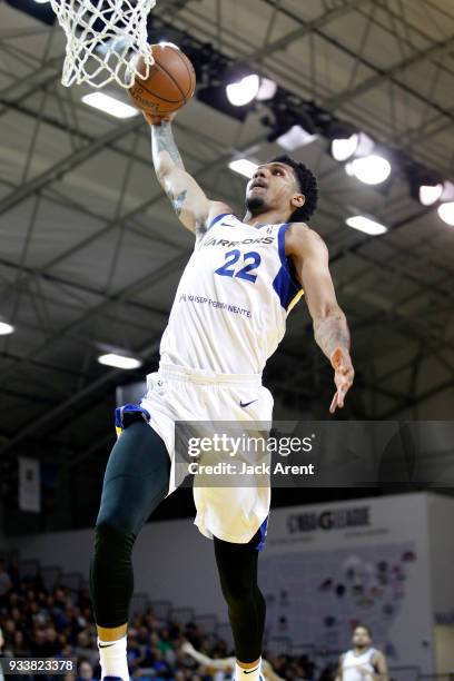 Michael Gbinije of the Santa Cruz Warriors drives to the basket during the game against the Northern Arizona Suns during a G-League game on March 18,...