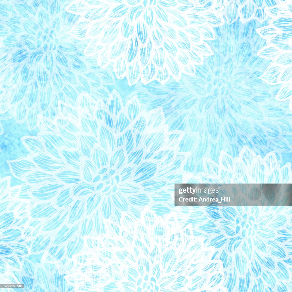 Dalhia Seamless Vector Pattern - Ink Drawing with Watercolor Texture