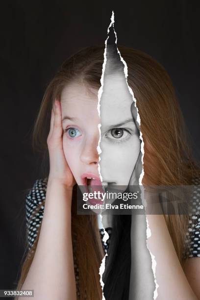photo montage of pre-adolescent girl with head in hands and screaming in despair - portrait montage stock pictures, royalty-free photos & images