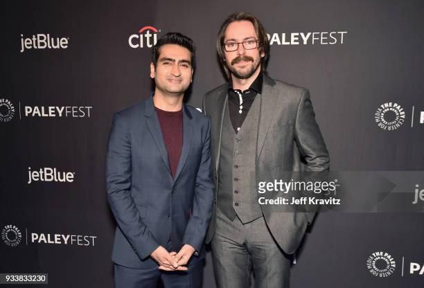 Kumail Nanjiani and Martin Starr attend HBO's Silicon Valley Panel at PaleyFest 2018 at The Kodak Theatre on March 18, 2018 in Hollywood, California.