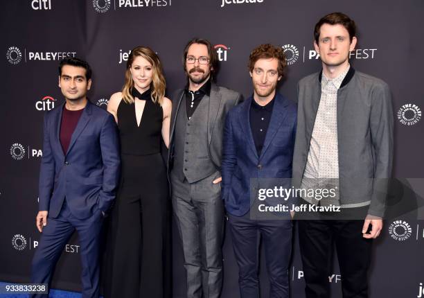 Kumail Nanjiani, Amanda Crew, Martin Starr, Thomas Middleditch and Zach Woods attend HBO's Silicon Valley Panel at PaleyFest 2018 at The Kodak...