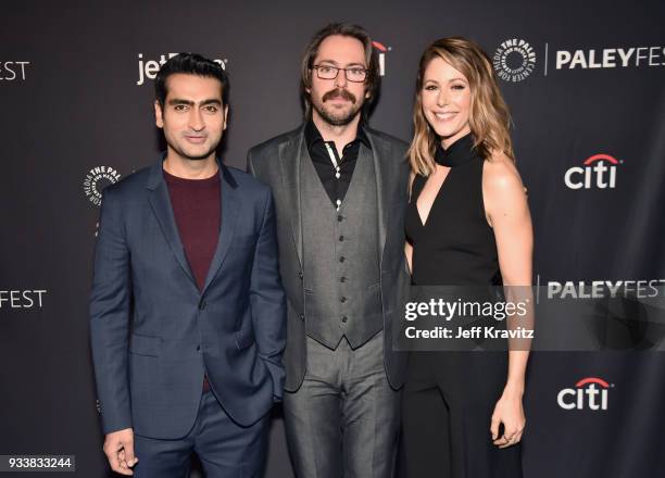 Kumail Nanjiani, Martin Starr and Amanda Crew attend HBO's Silicon Valley Panel at PaleyFest 2018 at The Kodak Theatre on March 18, 2018 in...