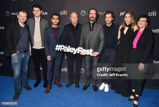 Alec Berg, Zach Woods, Kumail Nanjiani, Mike Judge, Martin Starr, Thomas Middleditch, Amanda Crew and Stacey Wilson Hunt attend HBO's Silicon Valley...