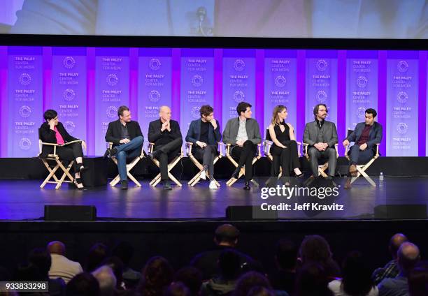 Stacey Wilson Hunt, Alec Berg, Mike Judge, Thomas Middleditch, Zach Woods, Amanda Crew, Martin Starr and Kumail Nanjiani speak onstage during HBO's...