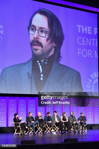 Stacey Wilson Hunt, Alec Berg, Mike Judge, Thomas Middleditch, Zach Woods, Amanda Crew, Martin Starr and Kumail Nanjiani speak onstage during HBO's...