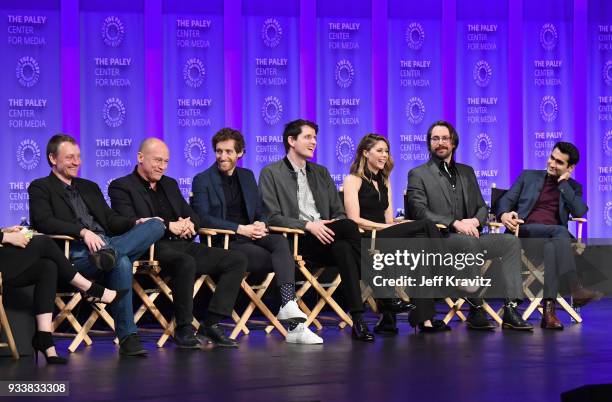 Alec Berg, Mike Judge, Thomas Middleditch, Zach Woods, Amanda Crew, Martin Starr and Kumail Nanjiani speak onstage during HBO's Silicon Valley Panel...