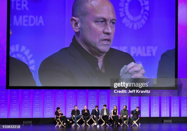 Stacey Wilson Hunt, Alec Berg, Mike Judge, Thomas Middleditch, Zach Woods, Amanda Crew, Martin Starr and Kumail Nanjiani speak onstage during HBO's...