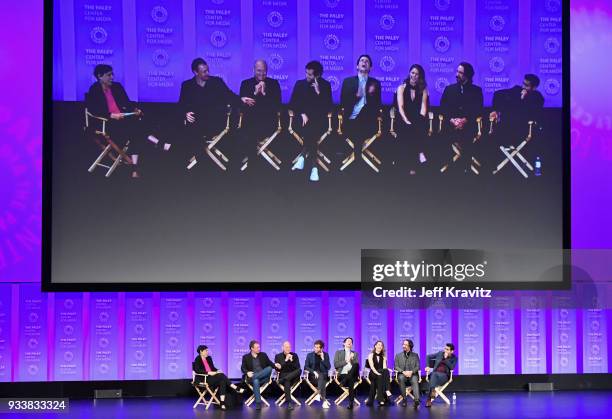 Stacey Wilson Hunt, Alec Berg, Mike Judge, Thomas Middleditch, Zach Woods, Amanda Crew, Martin Starr and Kumail Nanjiani speak onstage during HBO's...