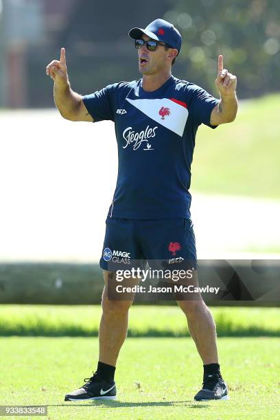 Andrew Johns instructs during a Sydney Roosters NRL training session at Kippax Lake on March 19, 2018 in Sydney, Australia.