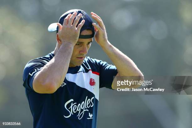 Cooper Cronk of the Roosters during a Sydney Roosters NRL training session at Kippax Lake on March 19, 2018 in Sydney, Australia.