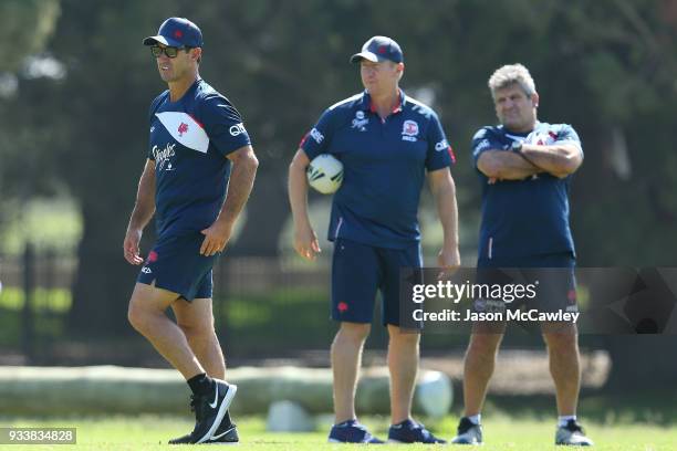 Andrew Johns looks on during a Sydney Roosters NRL training session at Kippax Lake on March 19, 2018 in Sydney, Australia.