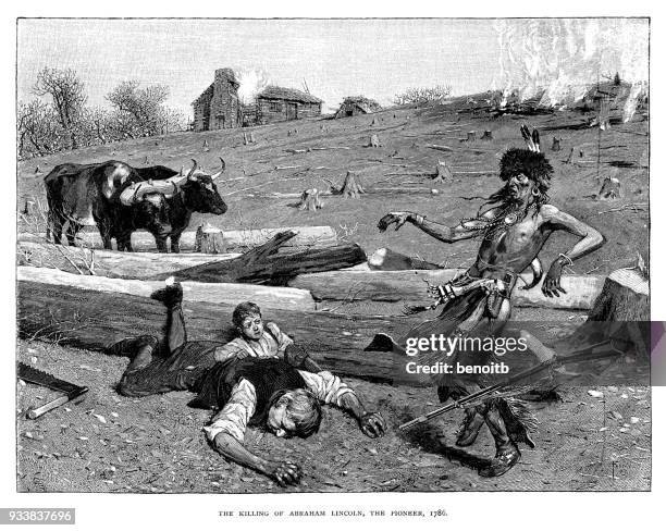 killing of captain abraham lincoln (grandfather of abraham lincoln the president of the united states) in 1786 - engraved images farm stock illustrations