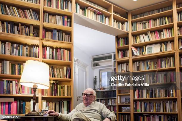 Italian writer Andrea Camilleri poses in his house on October 13, 2017 in Rome,Italy. Camilleri is the author of Commissario Montalbano series.