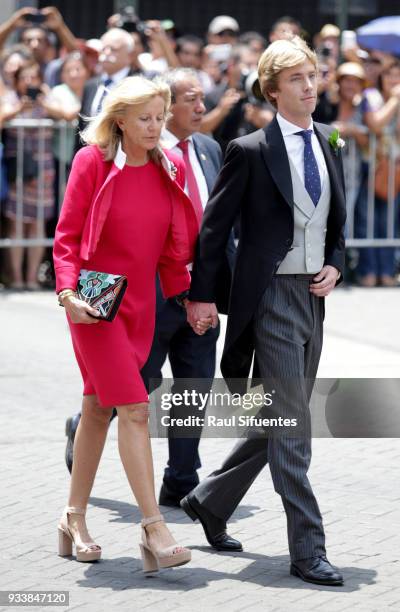 Prince Christian of Hanover arrives with his mother Chantal Hochuli arrive to his wedding with Alessandra de Osma at Basilica San Pedro on March 16,...