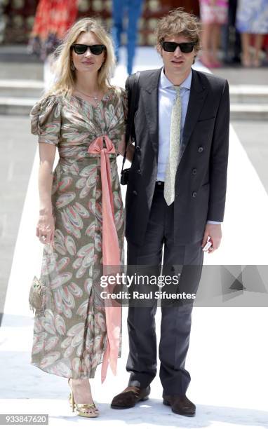 Supermodel Kate Moss and her boyfriend Count Nikolai Von Bismarck arrive to the wedding of Prince Christian of Hanover and Alessandra de Osma at...