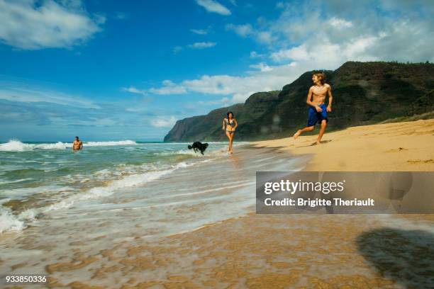 familie tag am strand in hawaii, mit doggy und sonne - hawaii fun stock-fotos und bilder