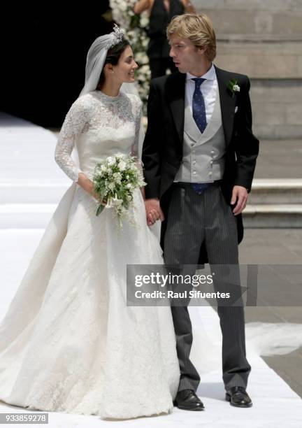 Alessandra de Osma and Prince Christian of Hanover leave the church after their wedding at Basilica San Pedro on March 16, 2018 in Lima, Peru.