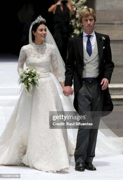 Alessandra de Osma and Prince Christian of Hanover leave the church after their wedding at Basilica San Pedro on March 16, 2018 in Lima, Peru.