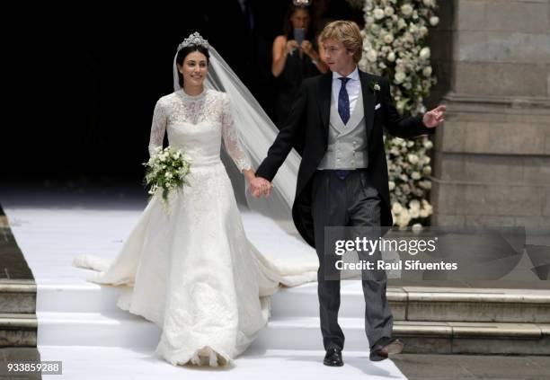 Alessandra de Osma and Prince Christian of Hanover leave the church after their wedding at Basilica San Pedro on March 16, 2018 in Lima, Peru.