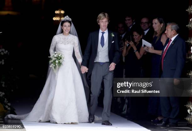 Alessandra de Osma and Prince Christian of Hanover leave the church after their wedding at Basilica San Pedro on March 16, 2018 in Lima, Peru.
