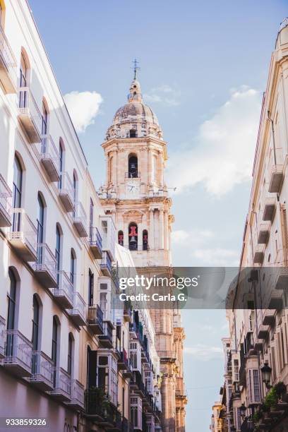 cathedral tower with blue sky, malaga, andalusia - catedral fotografías e imágenes de stock