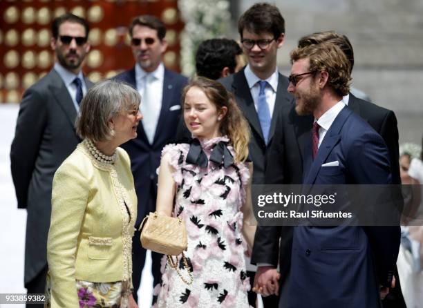 Pierre Casiraghi talks with Princess Alexandra of Hanover and a guest during the wedding of Prince Christian of Hanover and Alessandra de Osma at...