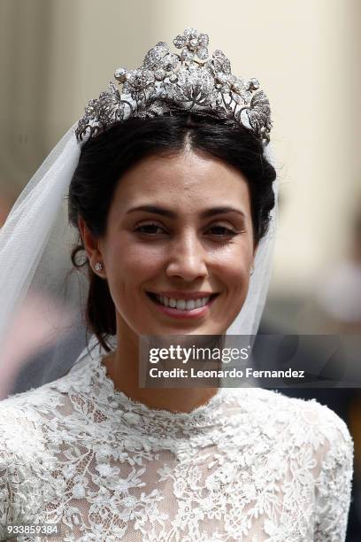 Alessandra de Osma smiles after the wedding of Prince Christian of Hanover and Alessandra de Osma at Basilica San Pedro on March 16, 2018 in Lima,...