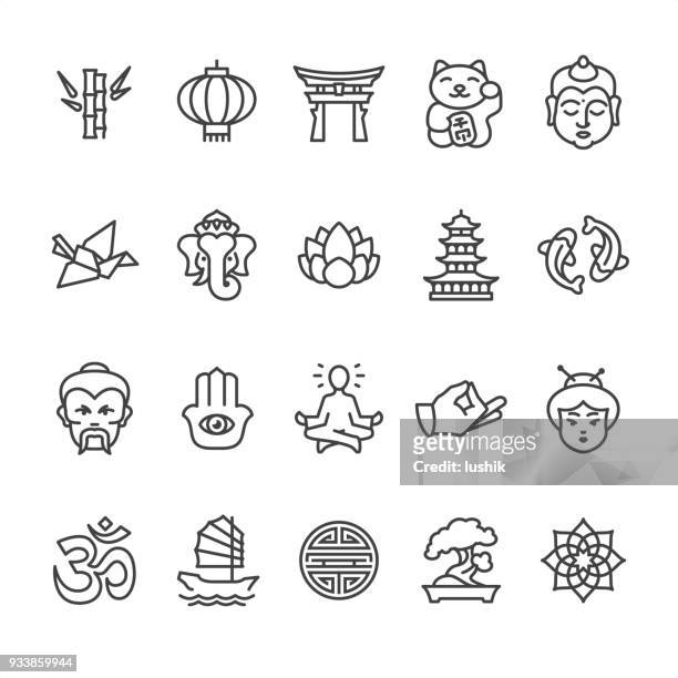 ilustraciones, imágenes clip art, dibujos animados e iconos de stock de tema de cultura de asia - los iconos de vector de contorno - yoga illustration