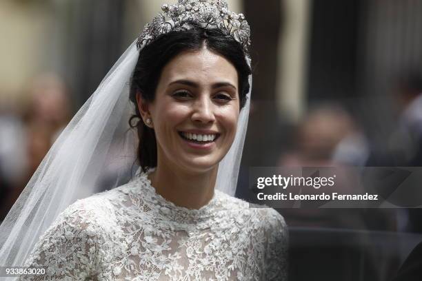 Alessandra de Osma smiles after the wedding of Prince Christian of Hanover and Alessandra de Osma at Basilica San Pedro on March 16, 2018 in Lima,...