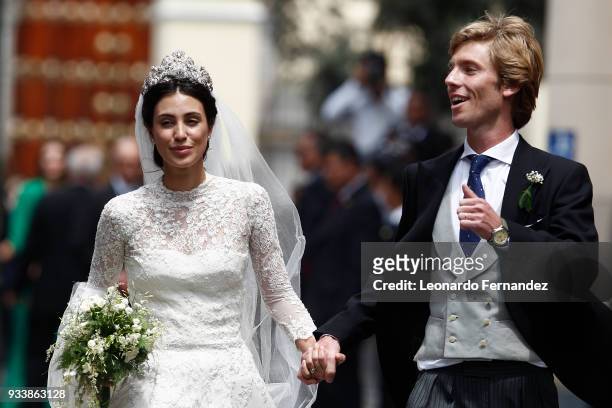 Alessandra de Osma and Prince Christian of Hanover walk after their wedding of Prince Christian of Hanover and Alessandra de Osma at Basilica San...