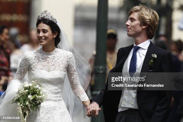 Alessandra de Osma and Prince Christian of Hanover walk after their wedding of Prince Christian of Hanover and Alessandra de Osma at Basilica San...