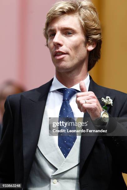 Prince Christian of Hanover gestures after his wedding with Alessandra de Osma at Basilica San Pedro on March 16, 2018 in Lima, Peru.