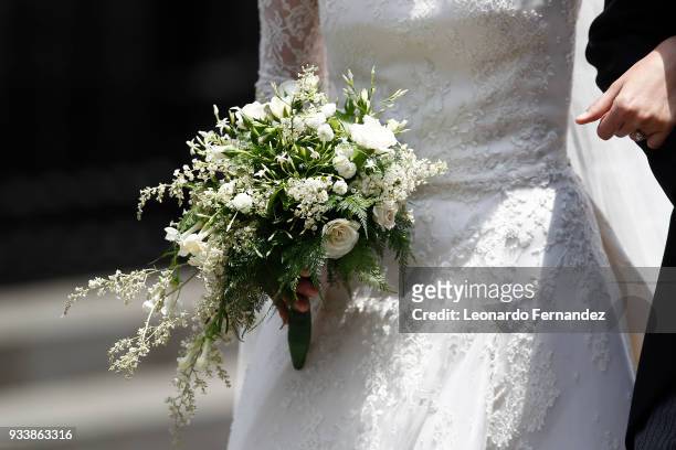 Detail of the bridal bouquet during the wedding of Prince Christian of Hanover and Alessandra de Osma at Basilica San Pedro on March 16, 2018 in...