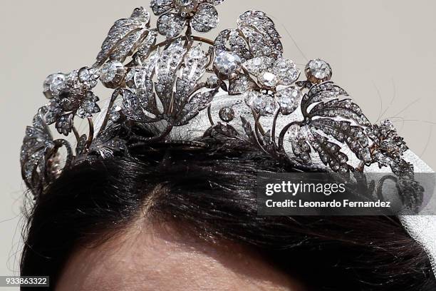 Detail of the bride's crown during the wedding of Prince Christian of Hanover and Alessandra de Osma at Basilica San Pedro on March 16, 2018 in Lima,...