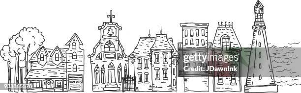 hand drawn street of victorian houses and buildings - victorian house canada stock illustrations