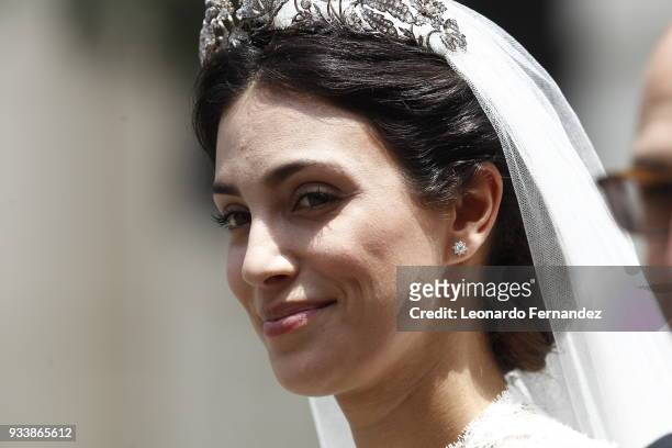 Alessandra de Osma smiles during the wedding of Prince Christian of Hanover and Alessandra de Osma at Basilica San Pedro on March 16, 2018 in Lima,...