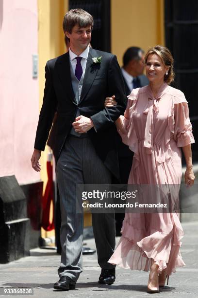 Ernst August of Hanover and Elizabeth Foy Vasquez, bride's mother, walk out of the church after the wedding of Prince Christian of Hanover and...