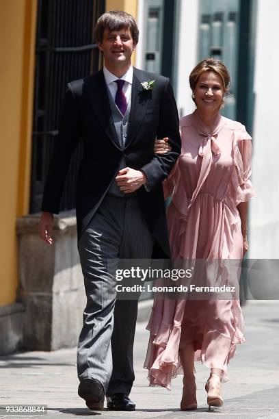 Ernst August of Hanover and Elizabeth Foy Vasquez, bride's mother, walk out of the church after the wedding of Prince Christian of Hanover and...