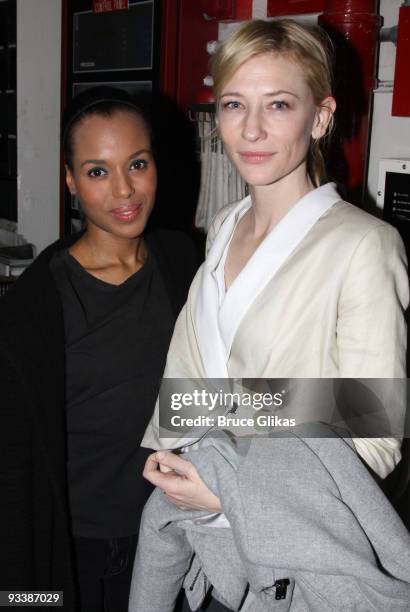 Kerry Washington and Cate Blanchett pose backstage at the hit new play "RACE" on Broadway at The Ethel Barrymore Theatre on November 24, 2009 in New...