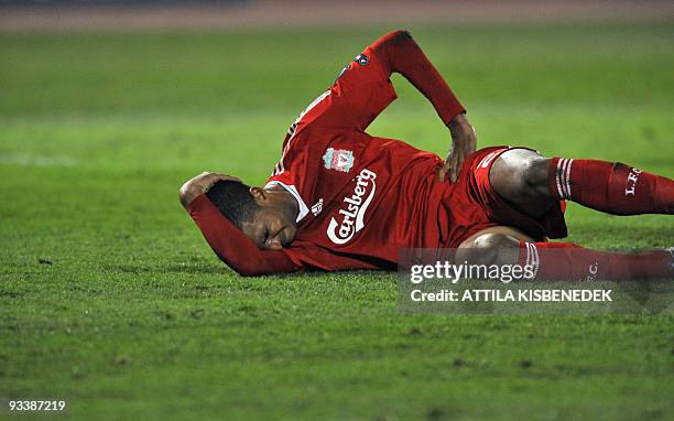 Liverpool's David Ngag reacts during their UEFA Champions League football match against Hungarian VSC Debrecen at the Puskas stadium in Budapest on...