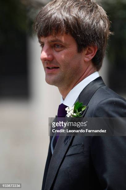 Ernst August of Hanover looks on after the wedding of Prince Christian of Hanover and Alessandra de Osma at Basilica San Pedro on March 16, 2018 in...