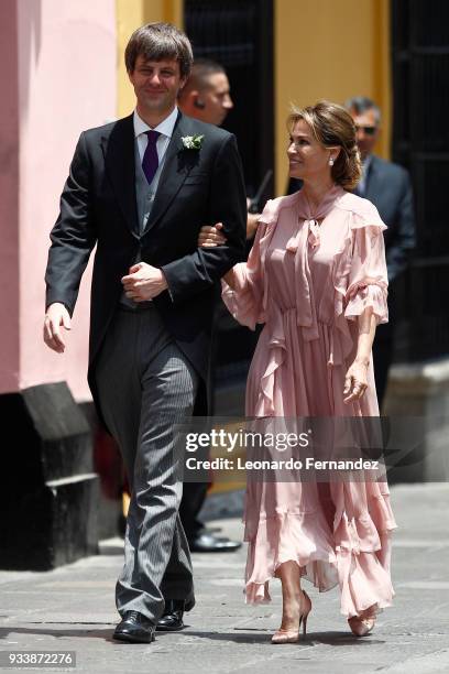 Ernst August of Hanover and Elizabeth Foy Vasquez, bride's mother, walk out of the church after the wedding of Prince Christian of Hanover and...